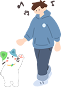 鼻歌を歌う男性とねこいちさんのイラスト