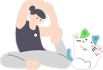ストレッチをする女性とねこいちさんのイラスト