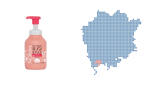 岡山県地図とミノンリンスがいらない薬用ヘアシャンプーの写真