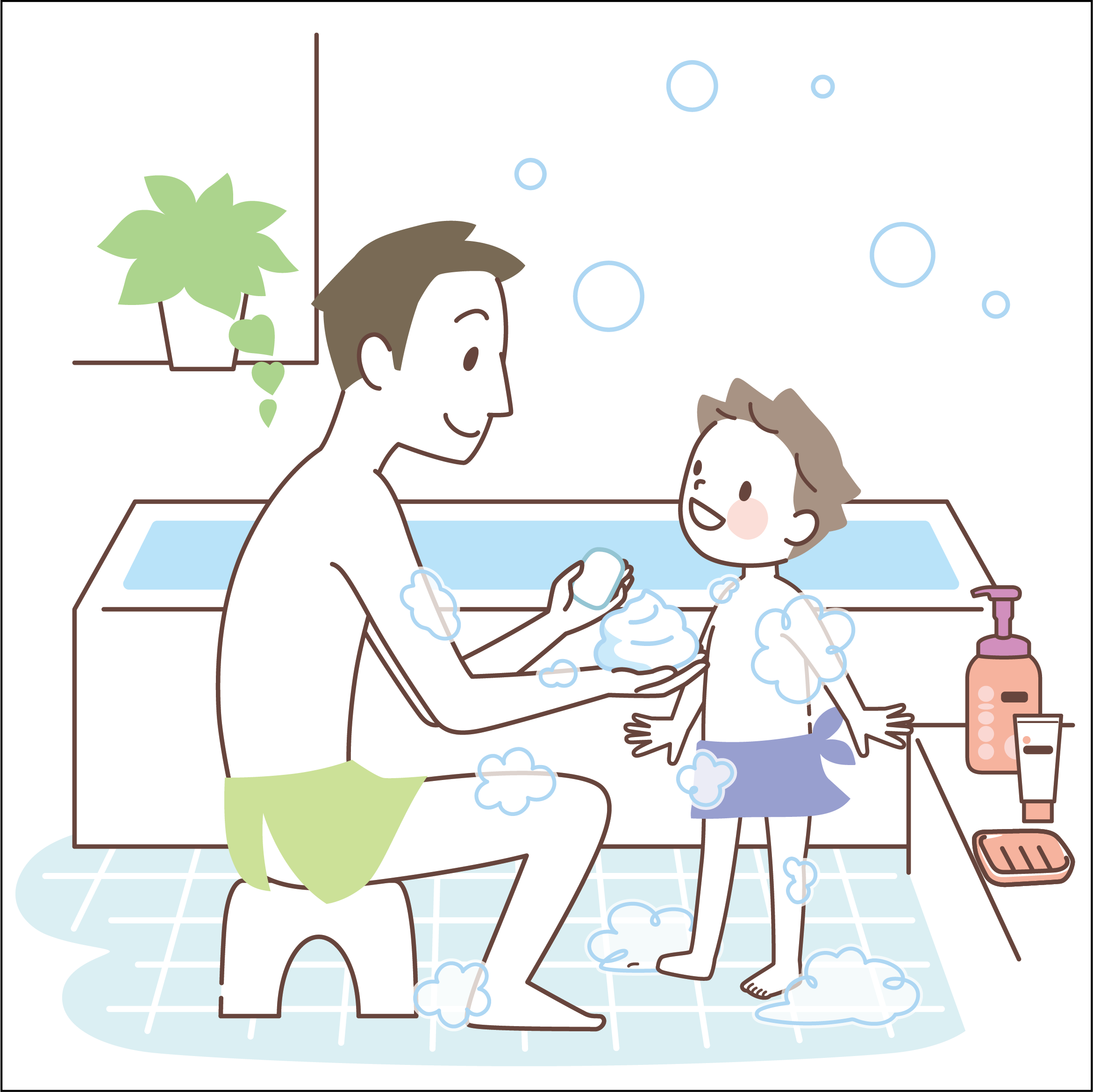お風呂でもこもこの泡で体を洗っている親子