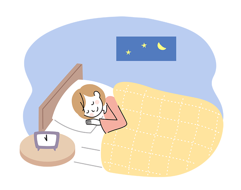 夜にベッドで寝ている様子、そばの目覚まし時計は11:00をさしている