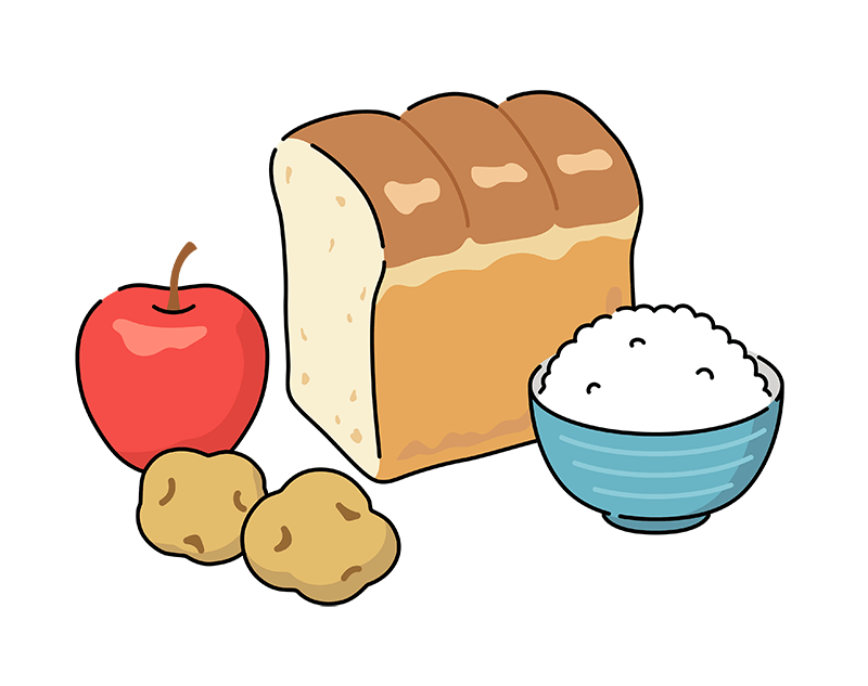 ご飯、パン、芋、りんご、砂糖の集合イラスト