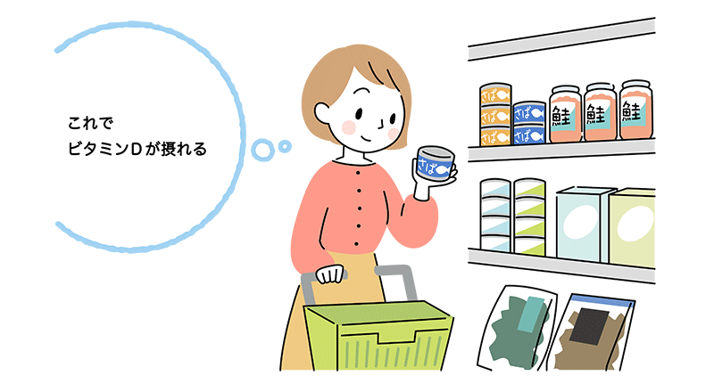 スーパーの棚から鮭缶やサバ缶を選んでいる40代女性