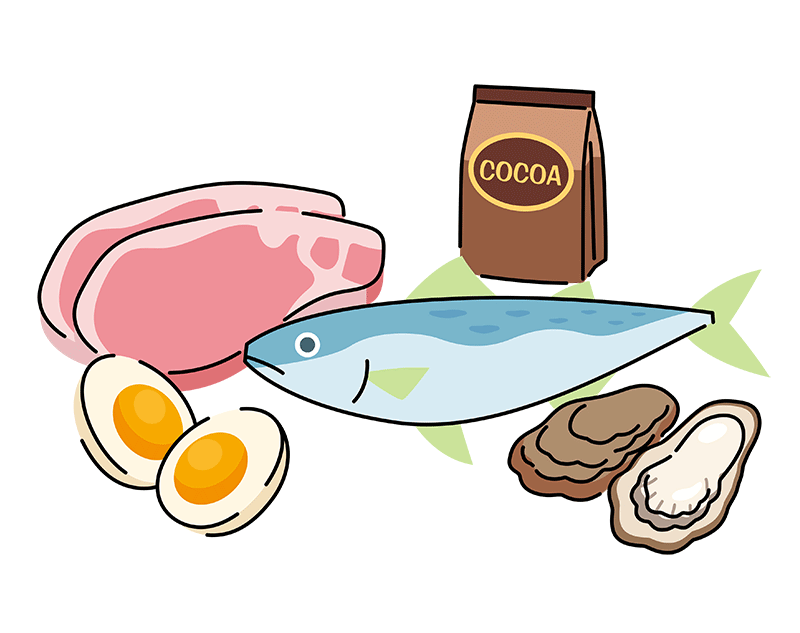 牡蠣、魚、肉、卵、ココアの集合イラスト