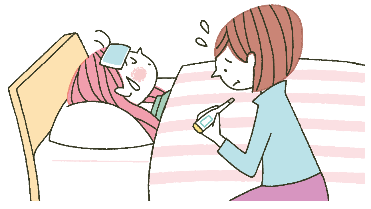 発熱でベッドに横たわる子どものそばで心配そうに体温計を見ている母親