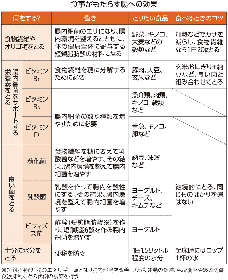 食事がもたらす腸への効果一覧表