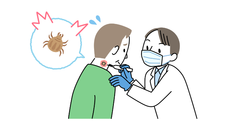 首筋についた膨らんだマダニをクリニックの医師に見せている50代男性