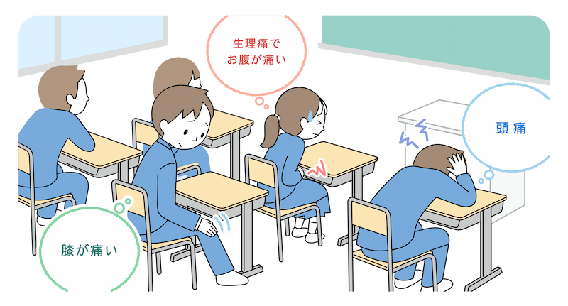 中学校の授業中の教室の中で、一人の男の子は膝が痛いと思っており、一人の女の子は生理痛でお腹が痛く、一人の男の子は頭痛で机に突っ伏している。