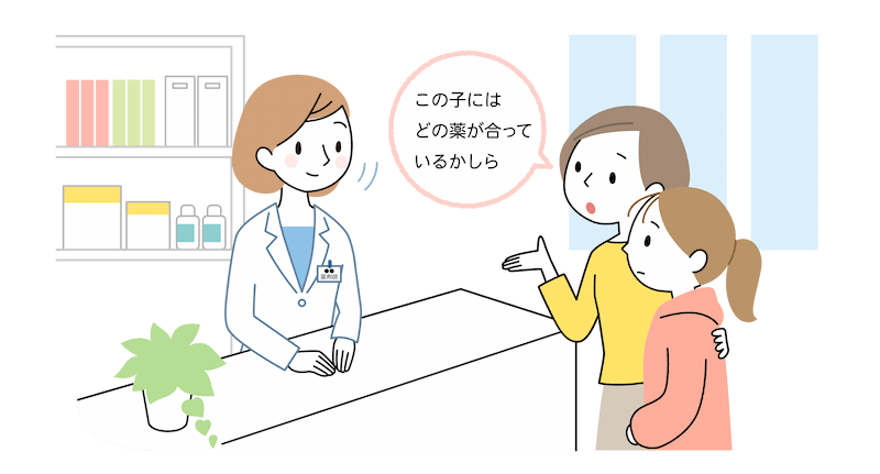 薬局のカウンターでの中学生子どもを連れた30代の母親が、「この子にはどの薬が合っているかしら」と薬剤師に尋ねている。