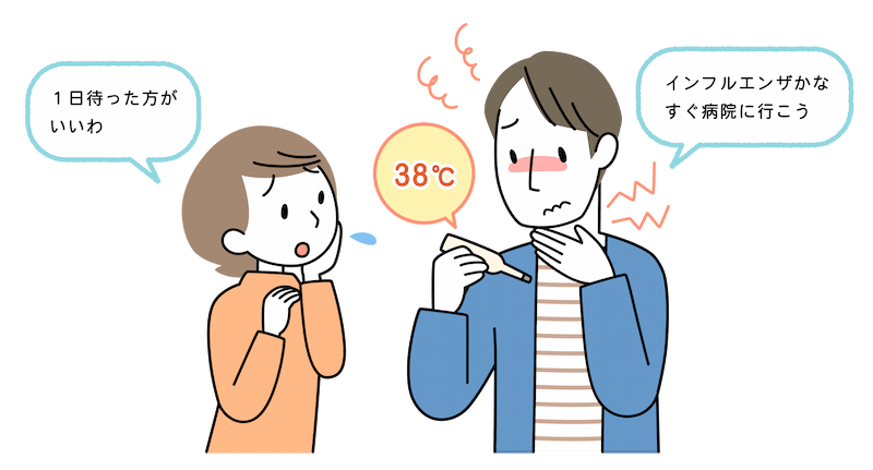 のどを痛そうにし、体温計(38℃を示している)を見ている30代男性。吹き出しで「インフルエンザかな、すぐ病院に行こう」と言っている。隣で妻が「1日待った方がいいわ」と言っている。