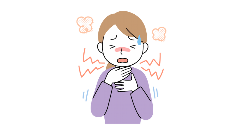 のどを抑え、苦しそうに(窒息しそう)している30代女性