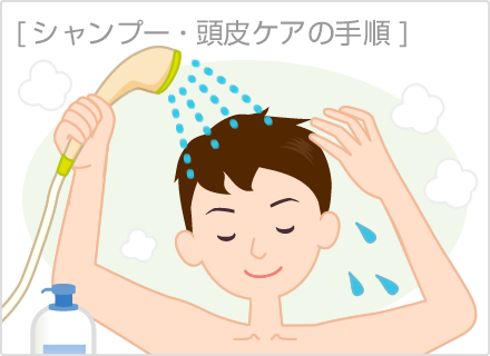 ぬるま湯で予洗い。お湯で頭皮をマッサージしながら、ほこり、汚れを落とす