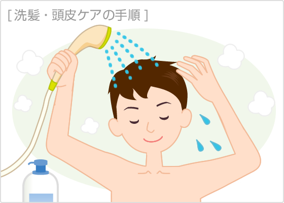 ぬるま湯で予洗い：お湯で頭皮を軽くマッサージしながら、ほこり・汚れを落とす