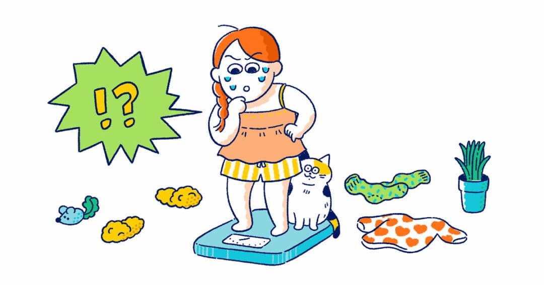 体重計に乗って驚く女性のイラスト