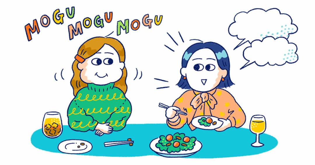 一口食べたら箸を置き、食事を楽しんでいる女性のイラスト