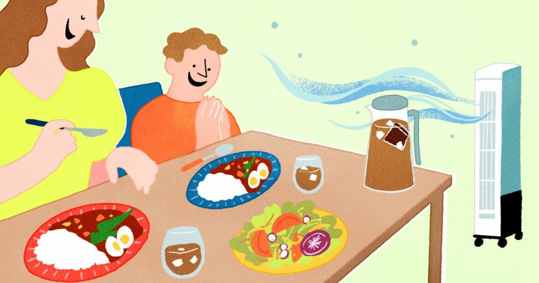 熱中症対策になる食事や水分補給、室内の温度調節のイメージ