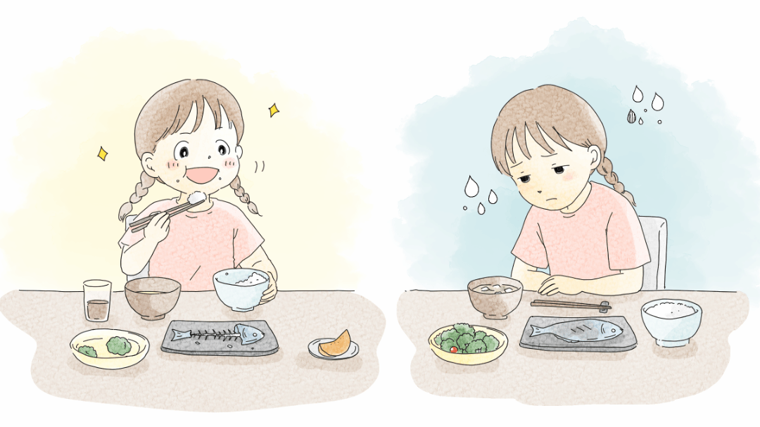 いっぱい元気にモリモリ食べてる子と、同じ子が元気がなく、食欲が落ちている様子の対比