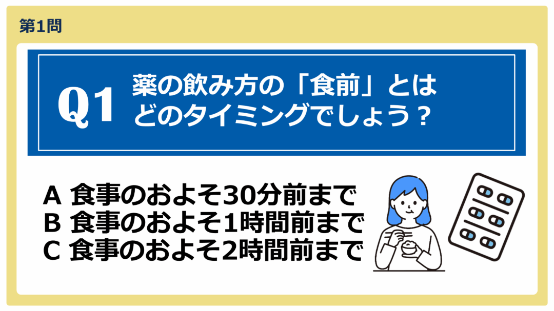 クイズ画面（第1問「薬の飲み方の「食前」とはどのタイミングでしょう？」）