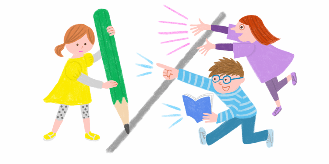 大きな鉛筆で線を引く女の子、本を片手に何かを指差す男の子、そしてその二人を応援している女の子のイラスト