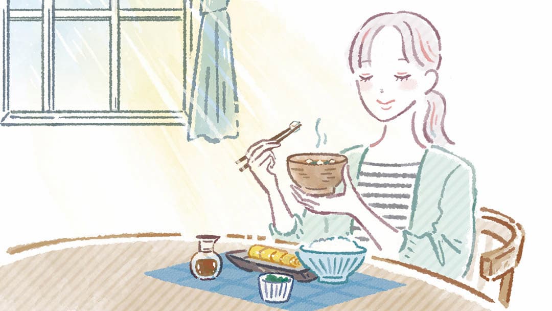 温かい飲み物と朝ご飯をしっかりとるイラスト