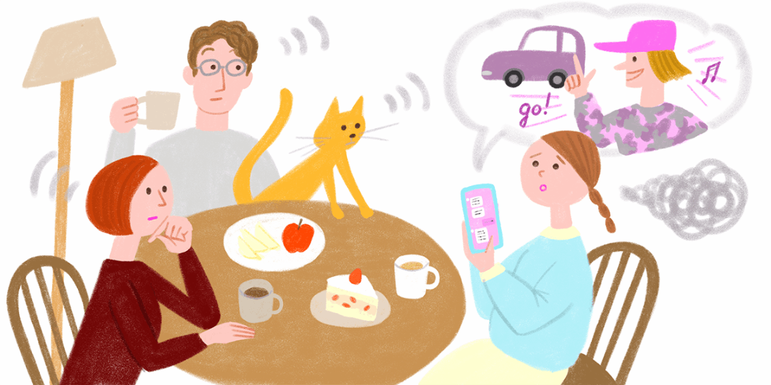 家族で食卓を囲む中、一人の女性がスマートフォンを見て何かに驚いているイラスト
