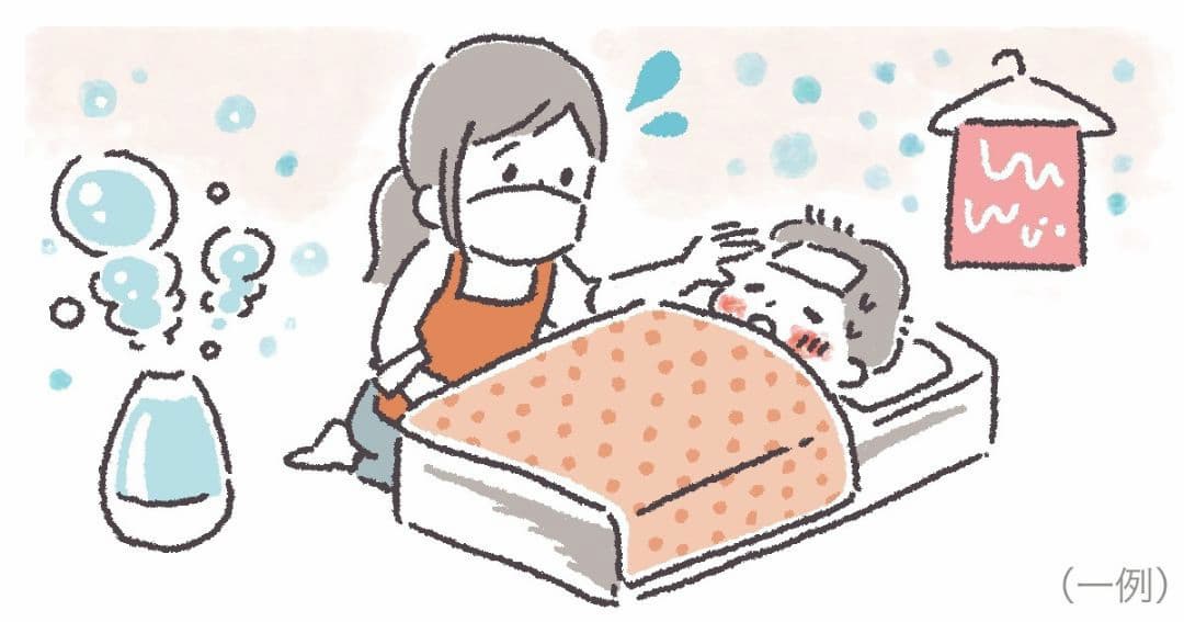 暖房をつける際のポイントの一例（水分を含んだタオルをベッドの近くに干す、加湿器を活用する、など）