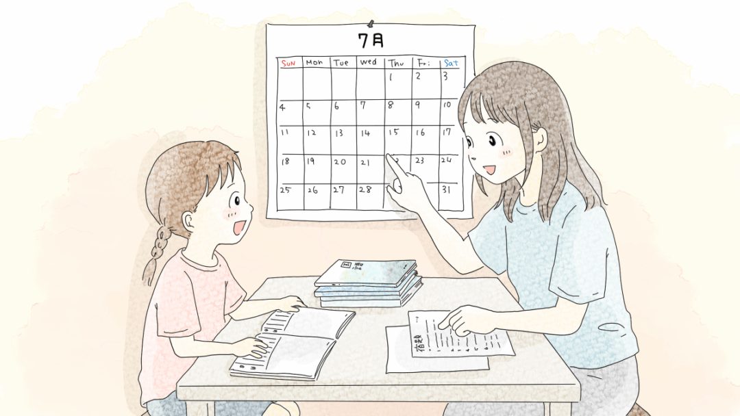 背景カレンダー。宿題のスケジュールを親子で考えている