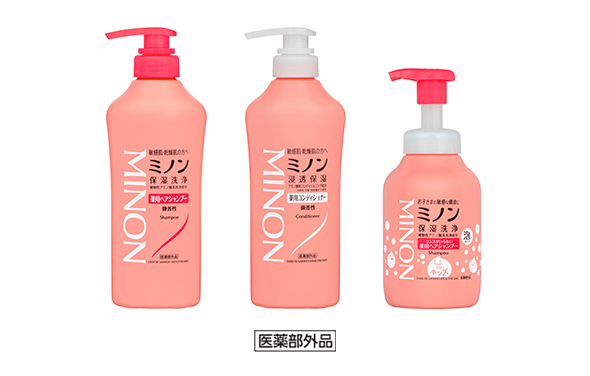 ミノン薬用ヘアシャンプー、ミノン薬用コンディショナー、ミノンリンスがいらない薬用ヘアシャンプーの製品画像
