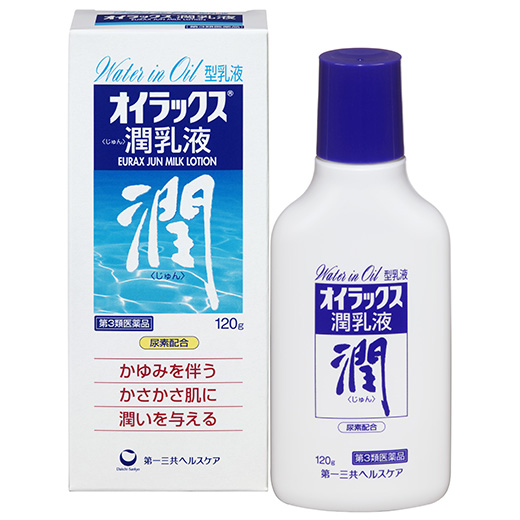 写真：オイラックス潤乳液のパッケージと製品