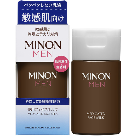 写真：ミノン メン 薬用フェイスミルクのパッケージと製品
