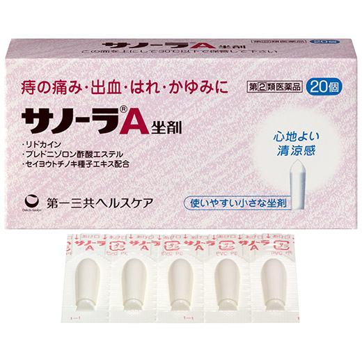 写真：サノーラA坐剤のパッケージと製品