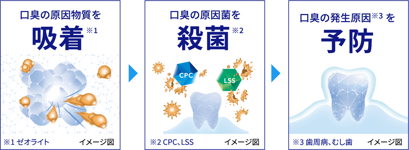 口臭の原因物質を吸着※1 ※1 ゼオライト イメージ図 口臭の原因菌を殺菌※2 ※2 CPC、LSS イメージ図 口臭の発生原因※3を予防 ※3 歯周病、むし歯 イメージ図