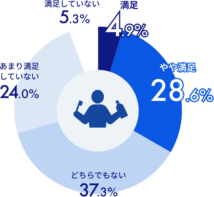 満足4.9%、やや満足28.6%、どちらでもない37.3%、あまり満足していない24.0%、満足していない5.3%