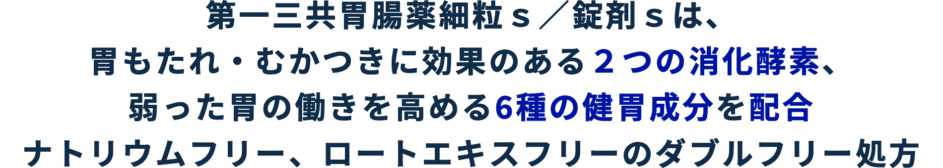 第一三共胃腸薬は、胃もたれ・むかつきに効果のある２つの消化酵素、弱った胃の働きを高める6種の健胃成分を配合 ナトリウムフリー、ロートエキスフリーのダブルフリー処方