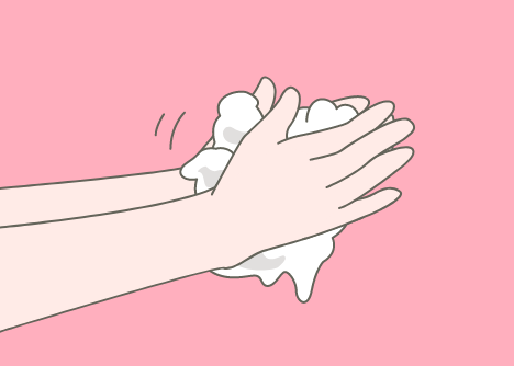 流水でよく手を濡らした後、石けんをつけ、手のひらをよくこする