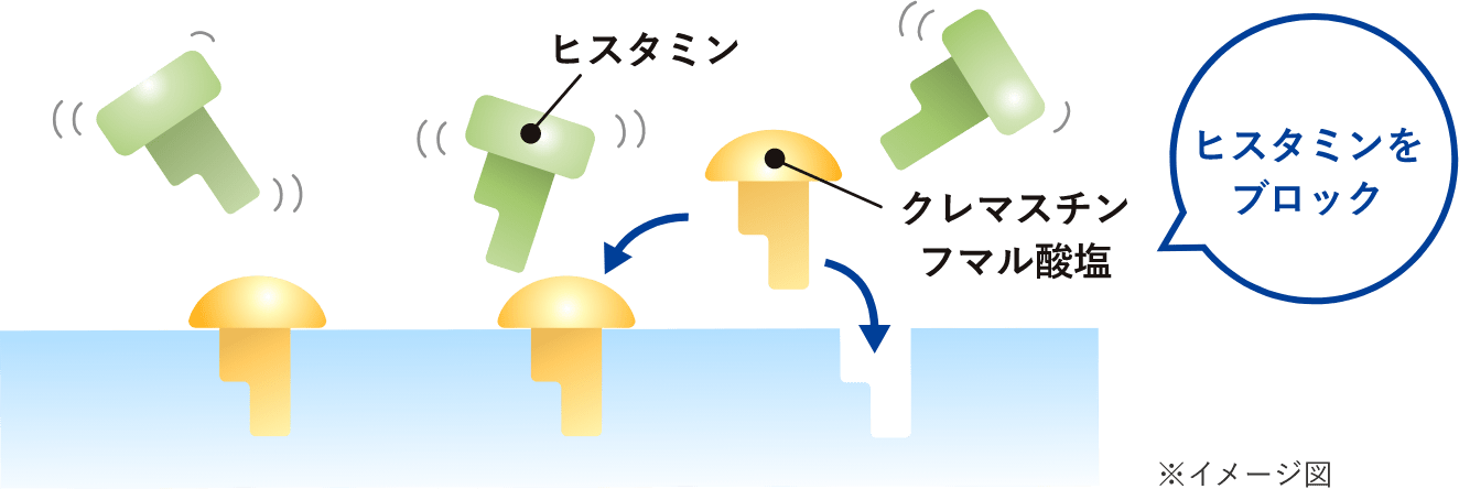 ヒスタミンをブロックするクレマスチンフマル酸塩のイメージ図