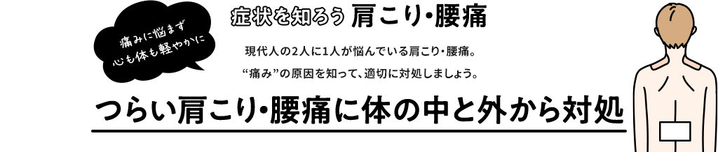 症状を知ろう 肩こり・腰痛 現代人の2人に1人が悩んでいる肩こり・腰痛。“痛み”の原因を知って、適切に対処しましょう。つらい肩こり・腰痛に体の中と外から対処