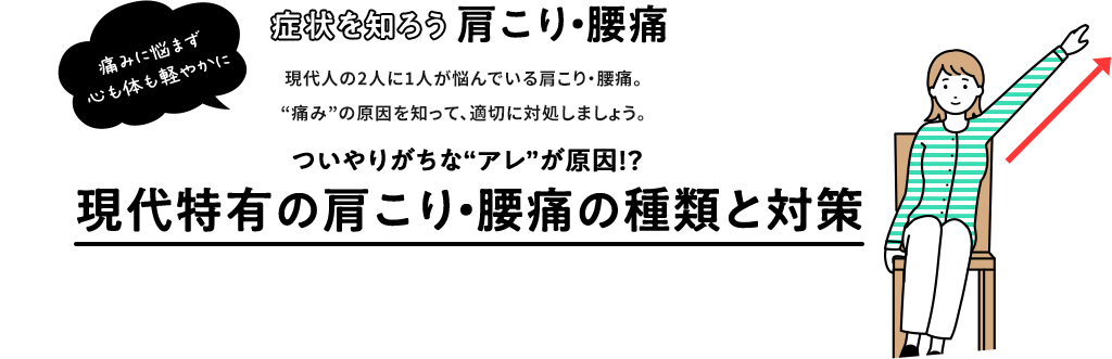 症状を知ろう 肩こり・腰痛 痛みに悩まず 心も体も軽やかに 現代人の2人に1人が悩んでいる肩こり・腰痛。“痛み”の原因を知って、適切に対処しましょう。 ついやりがちな“アレ”が原因！？ 現代特有の肩こり・腰痛の種類と対策