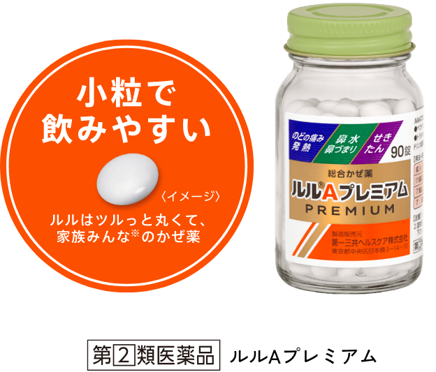 小粒で飲みやすい ルルはツルっと丸くて、家族みんな※のかぜ薬 イメージ 第2類医薬品 ルルAプレミアム