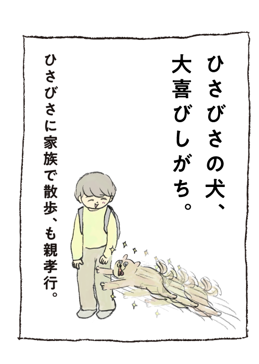 ひさびさの犬、大喜びしがち。ひさびさに家族で散歩、も親孝行。