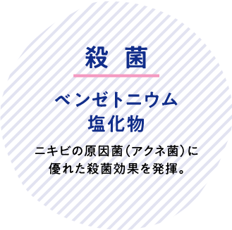 殺菌 ベンゼトニウム塩化物 ニキビの原因菌（アクネ菌）に優れた殺菌効果を発揮。