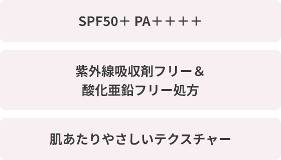 SPF＋PA ＋ ＋ ＋ ＋　紫外線吸収剤フリー＆酸化亜鉛フリー処方　肌あたりやさしいテクスチャー