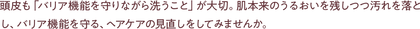 頭皮も「バリア機能を守りながら洗うこと」が大切。肌本来のうるおいを残しつつ汚れを落とし、バリア機能を守る、ヘアケアの見直しをしてみませんか。