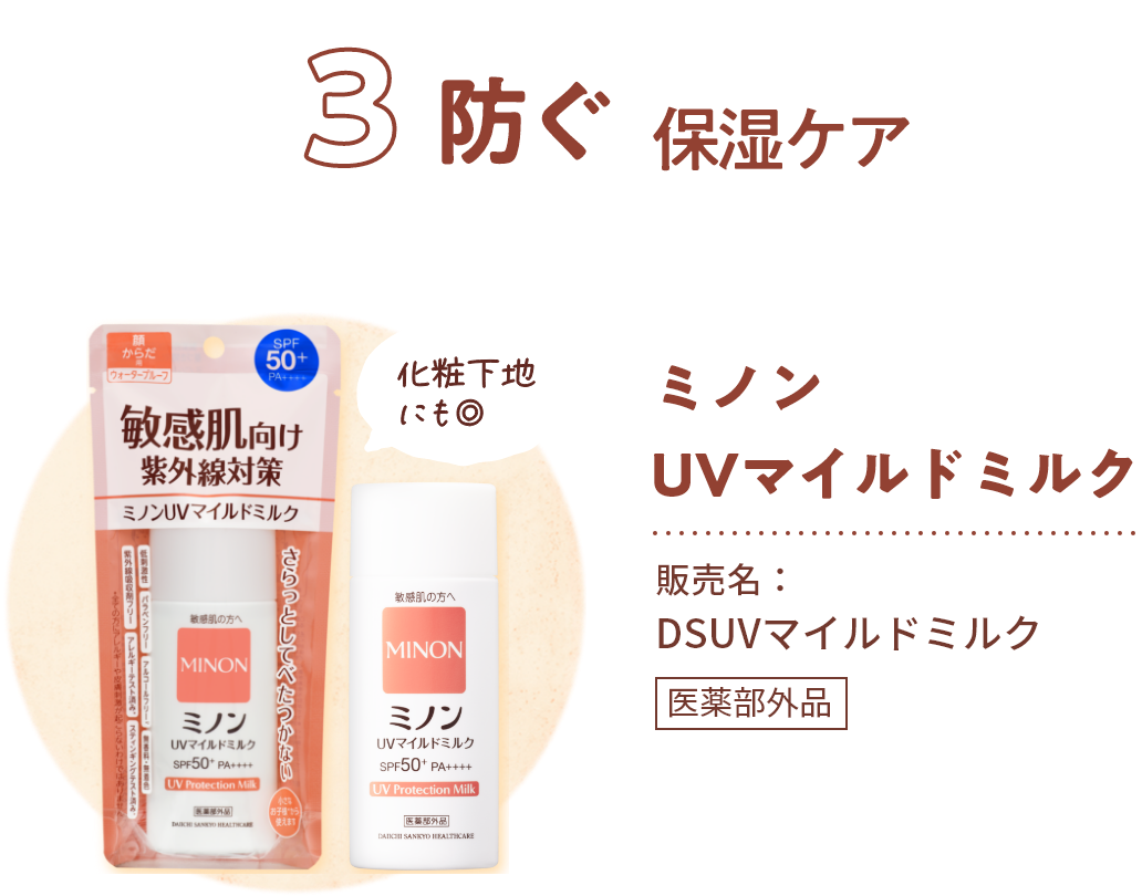 3防ぐ保湿ケア ミノンUVマイルドミルク 販売名：DSUVマイルドミルク 医薬部外品