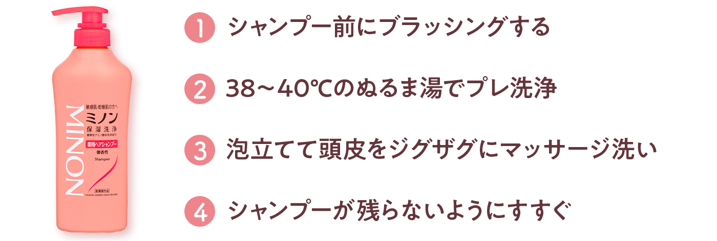 1 シャンプー前にブラッシングする 2 38～40℃のぬるま湯でプレ洗浄 3 泡立てて頭皮をジグザグにマッサージ洗い 4 シャンプーが残らないようにすすぐ
