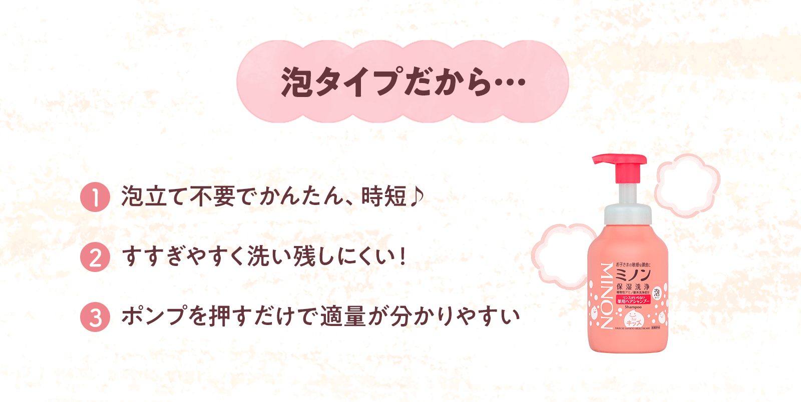 泡タイプだから… 1 泡立て不要でかんたん、時短♪ 2 すすぎやすく洗い残しにくい！ 3 ポンプを押すだけで適量が分かりやすい