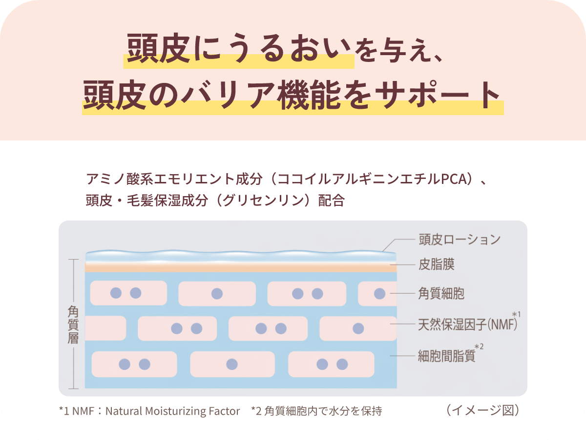 頭皮にうるおいを与え、頭皮のバリア機能をサポート。頭皮・毛髪保湿成分（グリセリン）配合