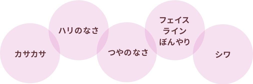 カサカサ ハリのなさ つやのなさ フェイスラインぼんやり シワ