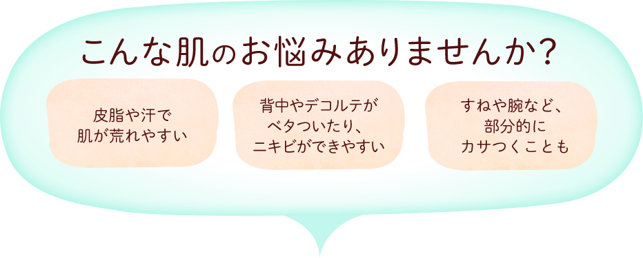 こんな肌のお悩みありませんか？ 皮脂や汗で肌が荒れやすい 背中やデコルテがべたついたり、ニキビができやすい すねや腕、頭皮はカサつくことも