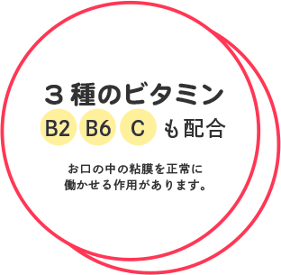 3種のビタミン B2 B6 C も配合 お口の中の粘膜を正常に働かせる作用があります。